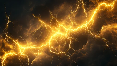 Intense yellow lightning network within dense storm clouds.