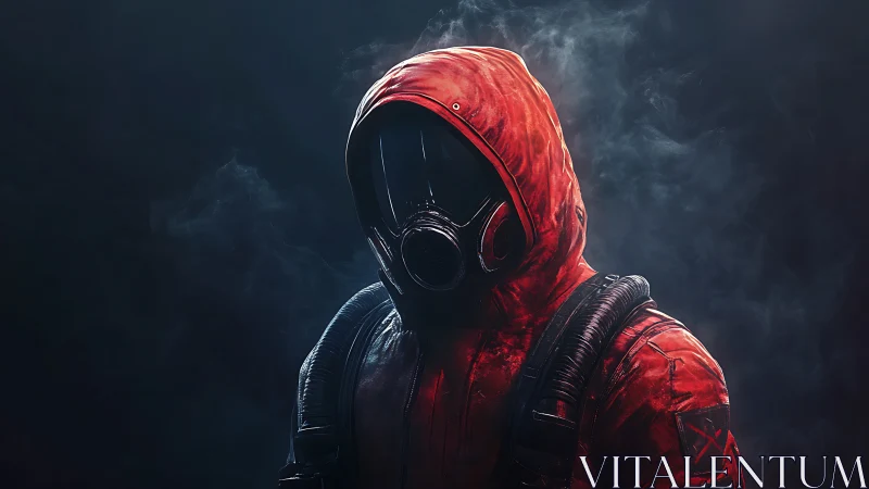 Mysterious red-hooded wanderer in smoky shadowed light.