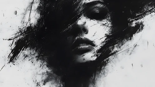 Abstract monochrome portrait dissolving into black brushstrokes.