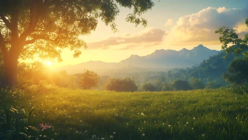 Digital pastoral sunrise with panoramic valley perspective.