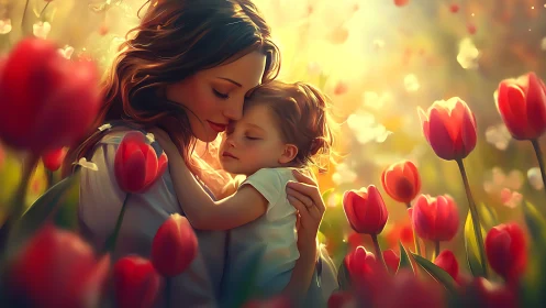 Mother and Child Embracing in Golden Tulip Field.