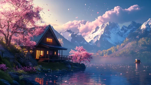 Springtime lakeside cabin glows beneath pink cherry blossoms