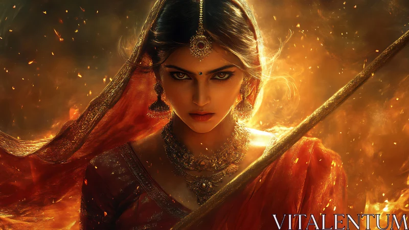 Warrior goddess in blazing sari stares with unyielding power.