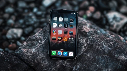 iPhone on Rocky Terrain: Dark Mode Interface Display with Mountain Environment