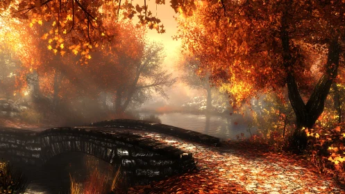 Autumn stone bridge under glowing forest canopy at dusk.