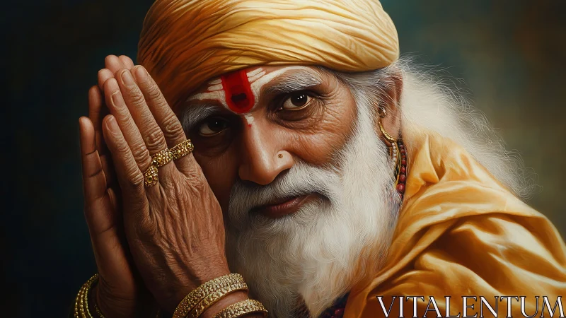 Elderly sage portrait in golden robes with folded hands.