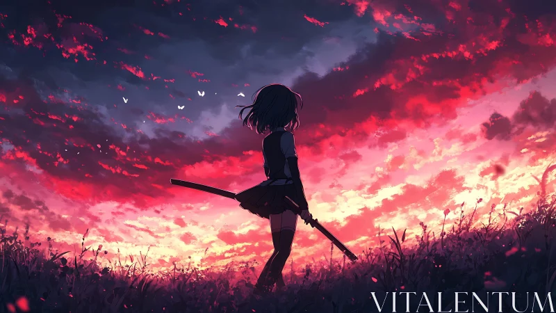 Sword-bearing dreamer pauses as the sky erupts in crimson fire