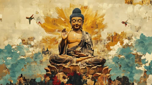 Seated Buddha figure on lotus amid abstract textured sky.