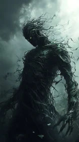 Humanoid figure formed from twisted roots in stormy sky.