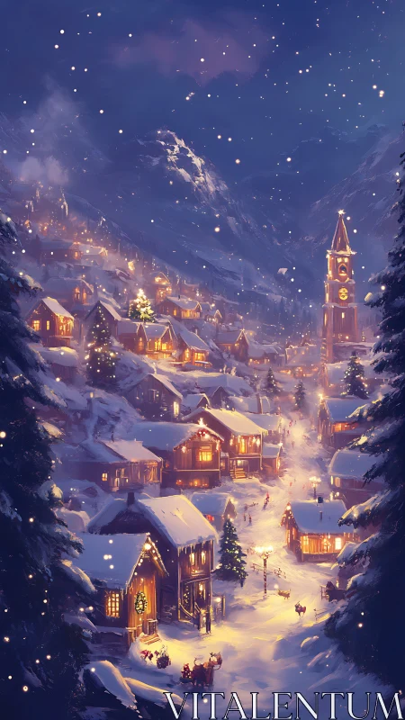 Snowy alpine village street with warm winter lights.