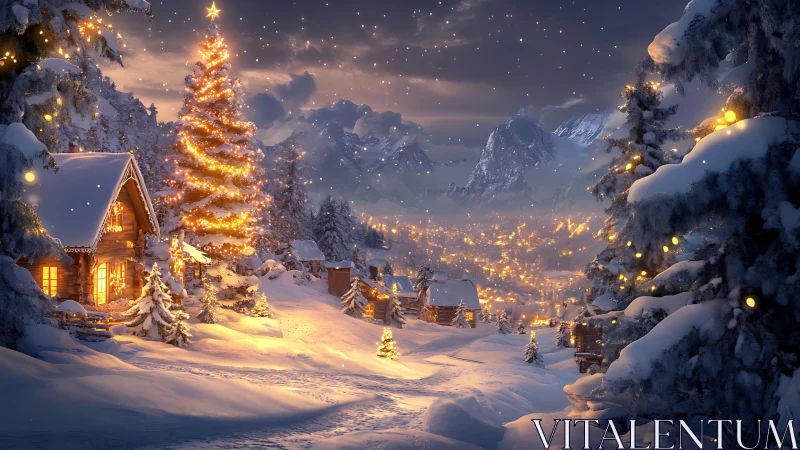 Snowy mountain village with illuminated Christmas tree.