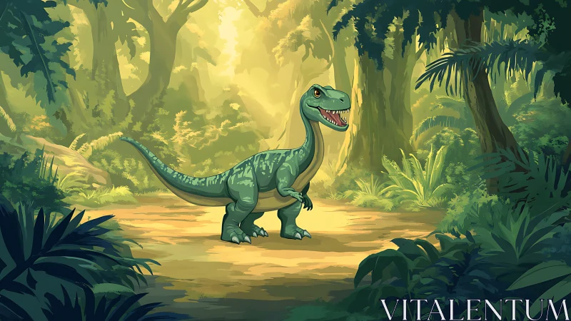 Cartoon theropod dinosaur in backlit tropical forest clearing