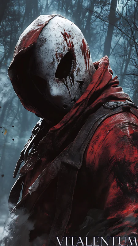 Bloodstained masked figure dominates misty forest backdrop