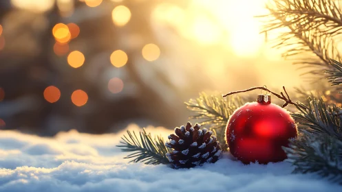 Optically luminous red bauble in snowy conifer foreground.