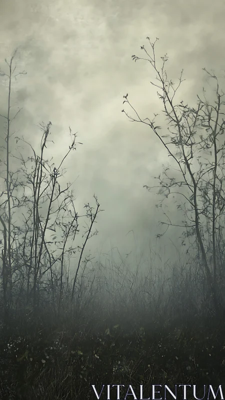 Foggy thicket silhouettes fade into a pale, haunted sky.