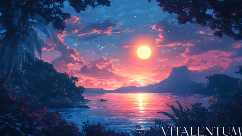 Vivid tropical bay under glowing sunset sky over water.