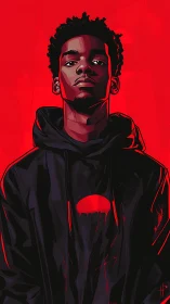 Portrait depicts stylized figure in dark hoodie on red field