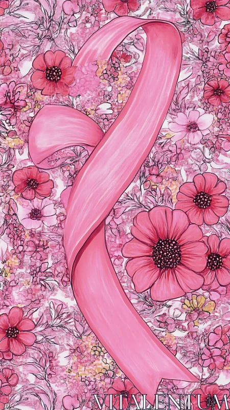Ribbon of Hope: Pink Strength Through Floral Grace.