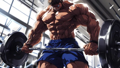 Muscular anime athlete powers heavy barbell curl in gym