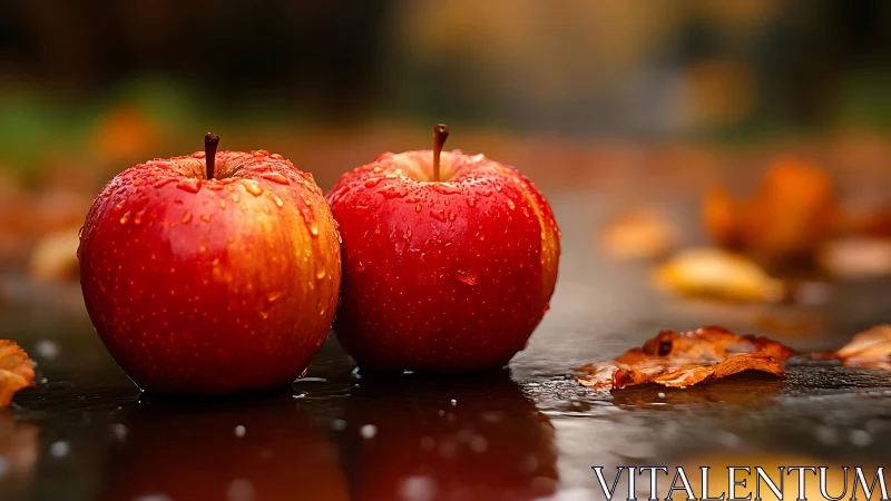 Rain-kissed autumn apples resting on a reflective path.