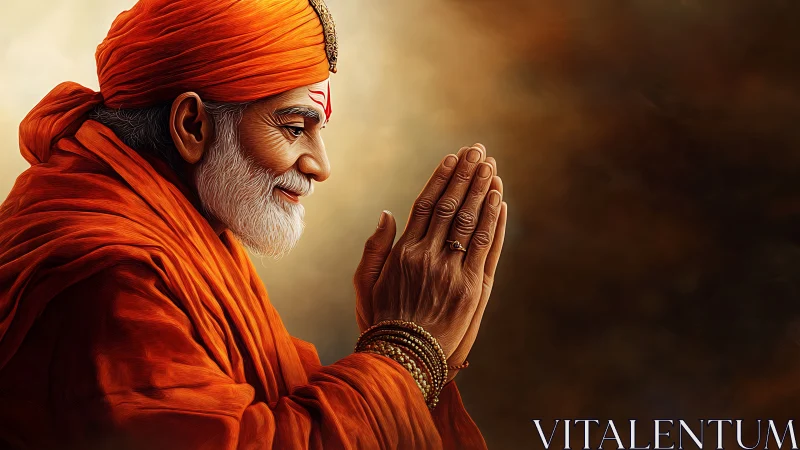 Orange-robed sage in reverent prayer, warm side lighting.