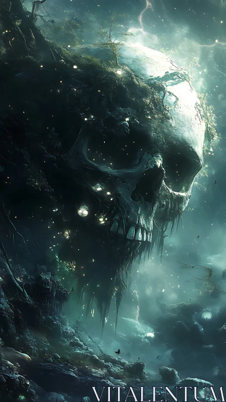 Colossal skull-continent dreams beneath storm-lit nebula tides