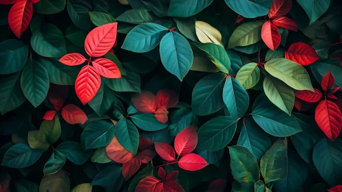 Colorful foliage tapestry with red and teal leaves in harmony.