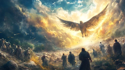 Radiant sky eagle ushers robed pilgrims through burning clouds