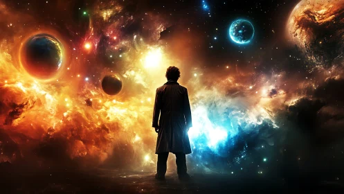 Silhouetted figure observing vivid cosmic nebula and planets.