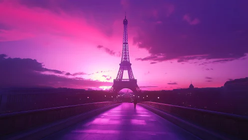 Eiffel Tower skyline under magenta neon dusk gradient glow.
