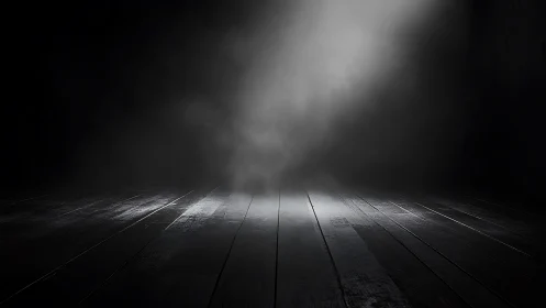 Directional spotlight illuminates smoky wooden floor plane in darkness