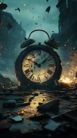 Broken alarm clock dominates fiery postapocalyptic street.