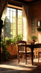 Sunlit dining nook with wooden table and potted plants.