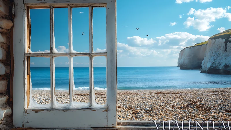 Weathered window frames a tranquil pebble beach seascape