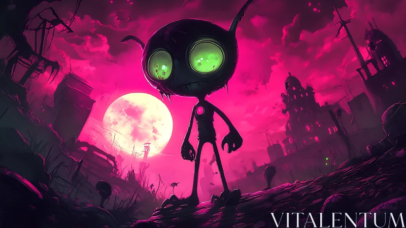 Neon-eyed alien strolls through candy-pink post‑apocalypse