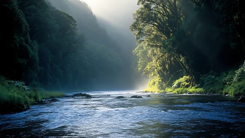 Sunlit forest river quietly winds through misty gorge