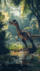 Predatory dinosaur stalks lush Jurassic jungle riverbank