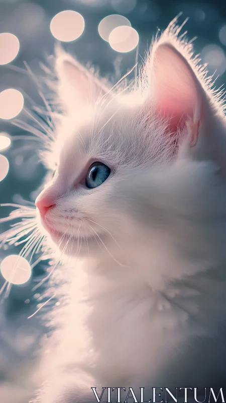White Cat Portrait with Bokeh Lighting Effects.