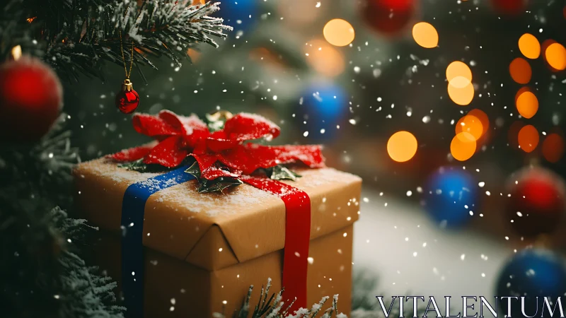 Photorealistic Christmas gift box under tree with snowfall