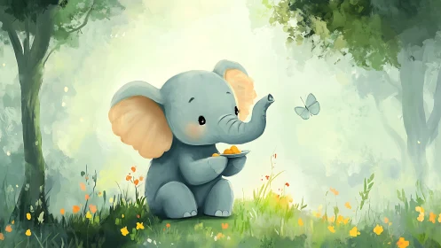 Tiny picnic elephant greeting a shy forest butterfly friend.