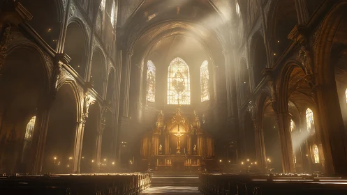 Golden light drifting through a tranquil cathedral interior.