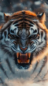 Fierce snow tiger roars forward with icy, blazing focus