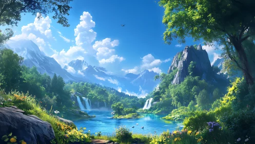 Lush mountain valley lake with waterfalls under clear sky.