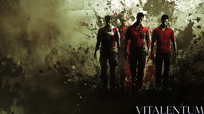 Digital painting of four survivors in splattered grunge field.