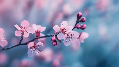 Delicate Pink Cherry Blossoms with Burgundy Buds on Soft Defocused Blue-Pink Bokeh