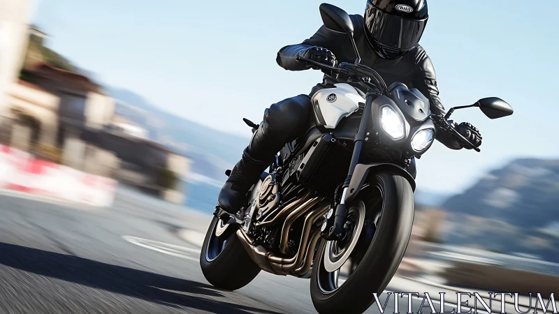 Motorcyclist in black gear cornering on modern street bike.