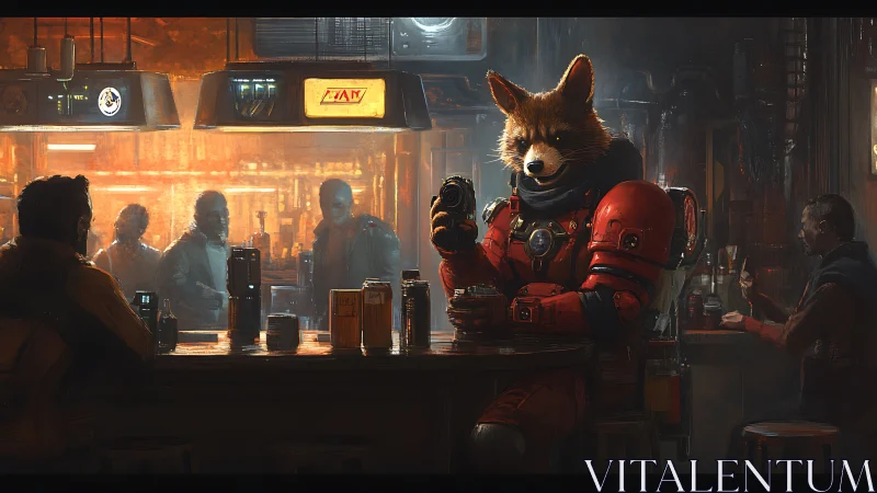 Anthropomorphic fox astronaut sits in crowded cyberpunk bar
