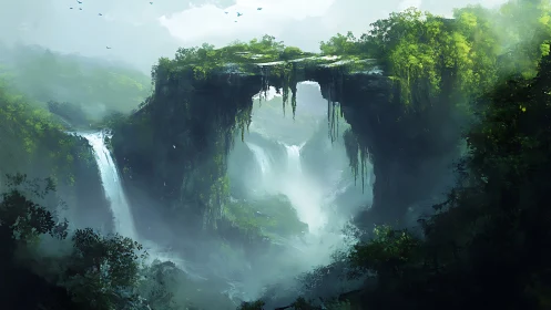 Emerald Sanctuary: Waterfalls Through Ancient Stone Gateway