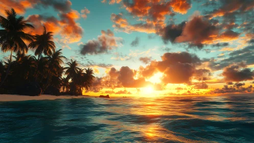 Tropical shoreline glows under saturated cinematic sunset light.