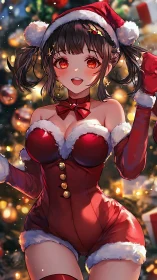 Festive anime girl sparkles in playful Santa cosplay glow.